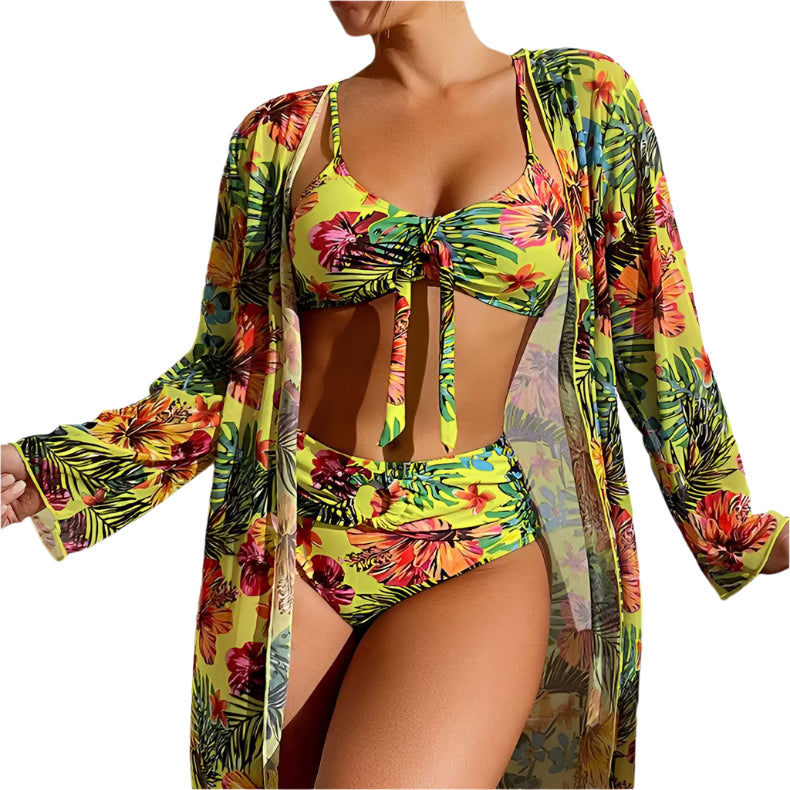 Women's 3PC Floral Swimsuit - LS Blouse, Wireless Bra & High Waist