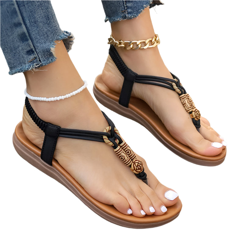 Bohemian Women's Beaded Clip Toe Elastic Flat Sandals for Summer