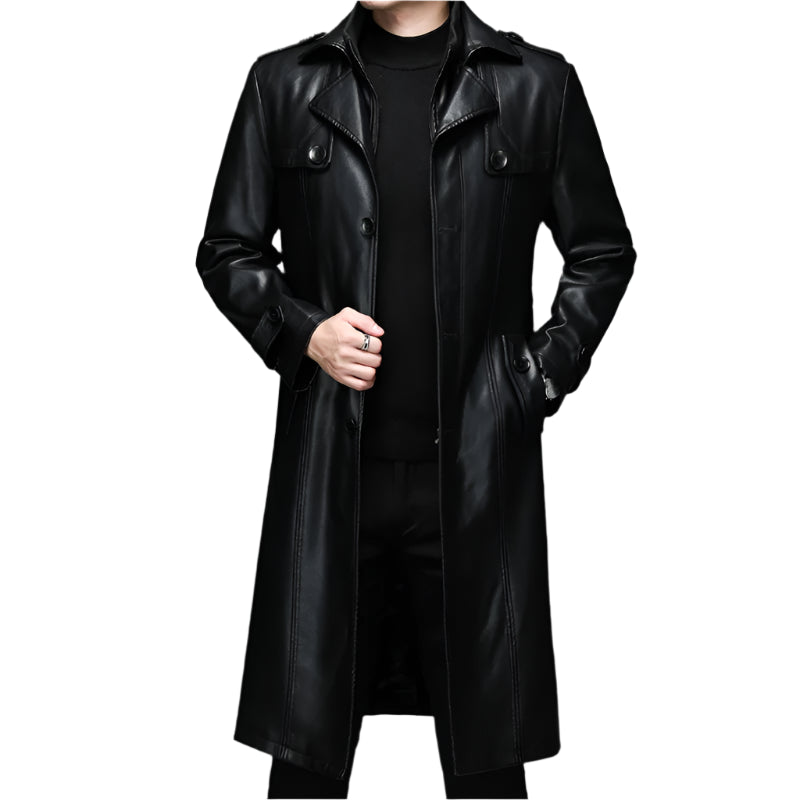 Men’s Long Leather Winter Coat – Warm Plush Lined Casual Trench Jacket