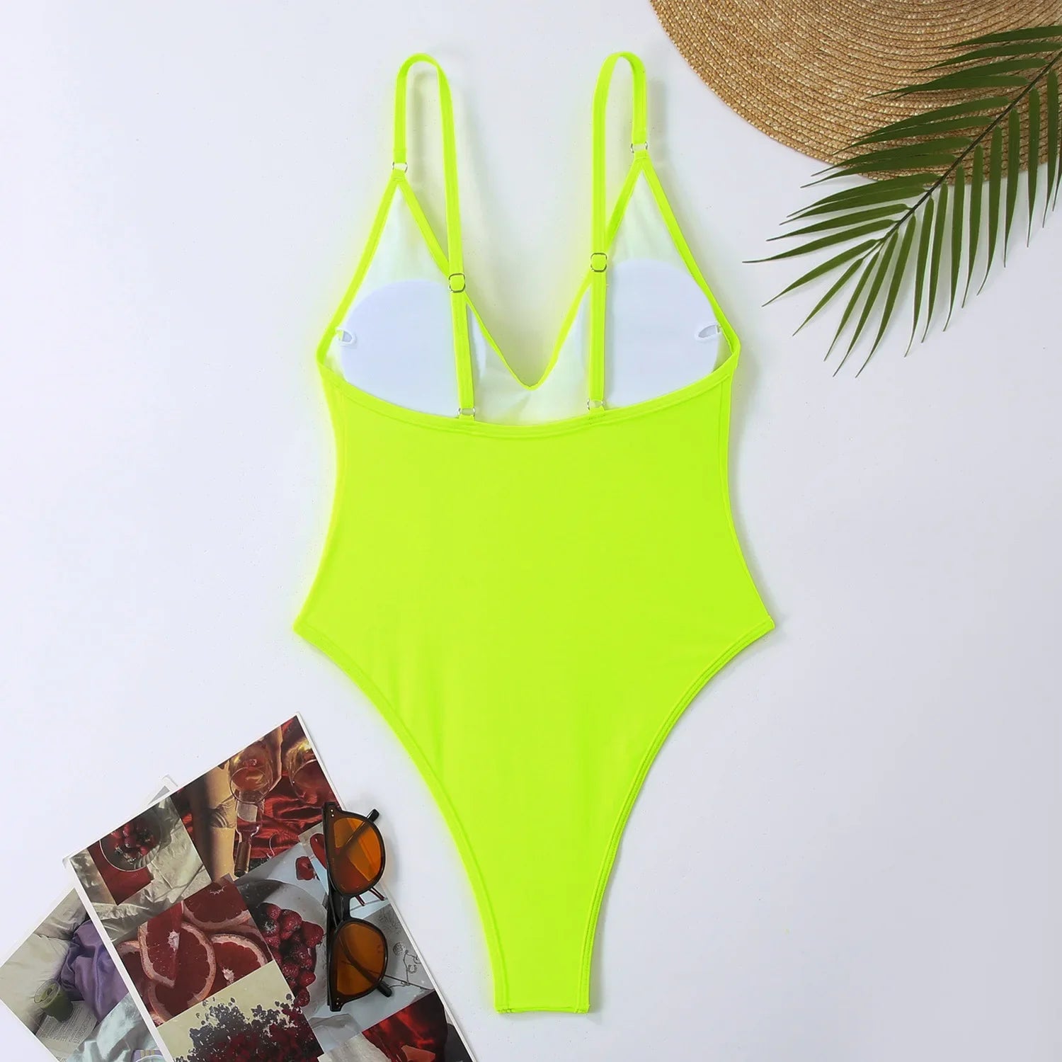 New Sexy One Piece Swimsuit: Solid Neon Yellow Thong Monokini