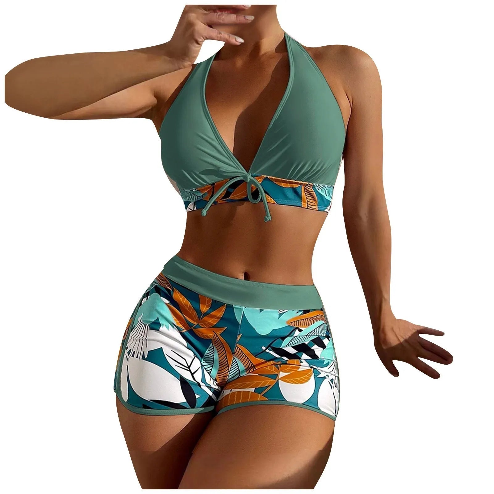 High Waist Plant Print Bikini Set – 2-Piece Swimwear for Women
