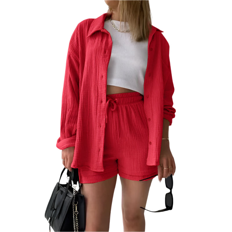 Women's Casual Shirt & Shorts Suit - Full Sleeve Spring/Summer Set