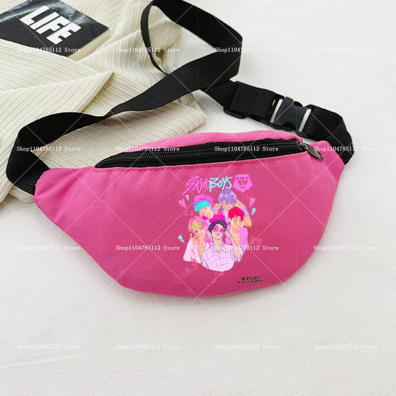 Pink waist bag with character design on a light gray background