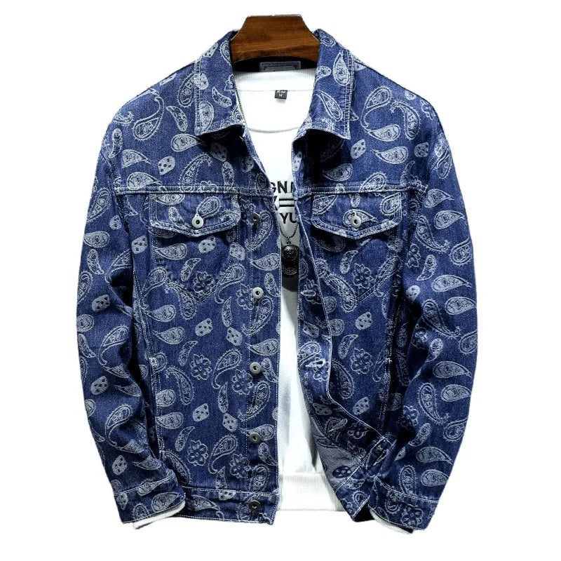 Blue denim jacket with white pattern on a white background