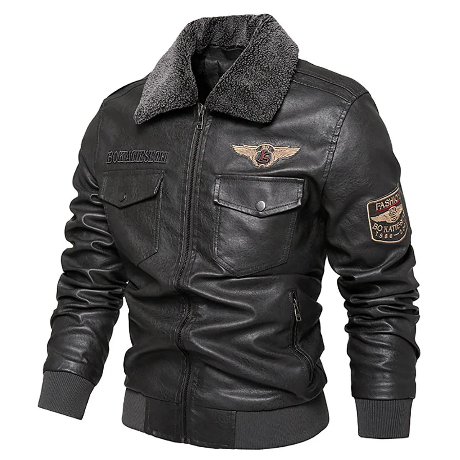 Retro Fur Collar Warm Men's Fleece Lined PU Leather Jacket Coat