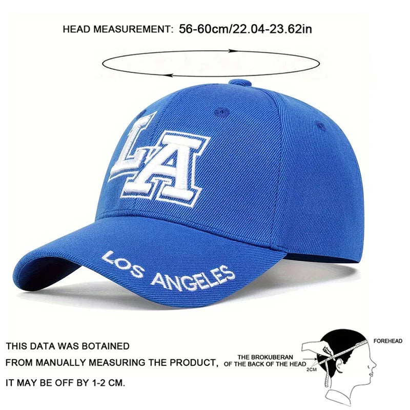 Blue cap with 'Los Angeles' text and measurement chart on a white background