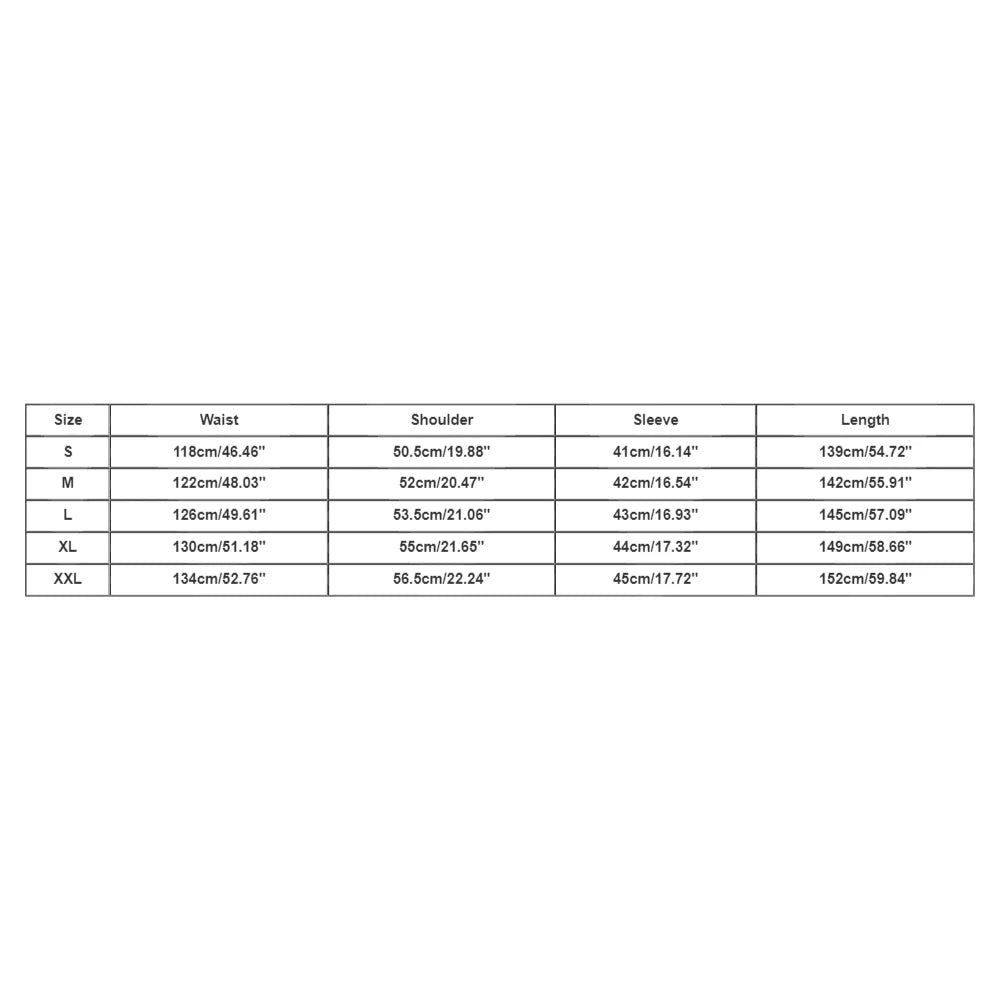 Measurement chart for clothing sizes S to XXL with dimensions in centimeters and inches.