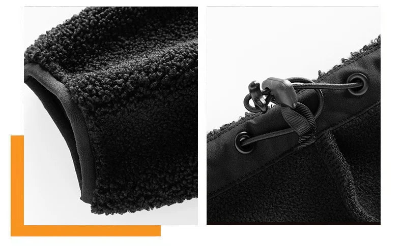 Close-up of black fleece material and a boot with laces on a white background