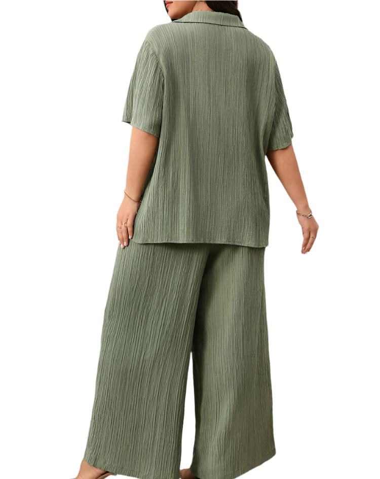 Plus Size 2PC Set - Loose Lace-Up Shirt & Wide Leg Pants Spring/Summer
