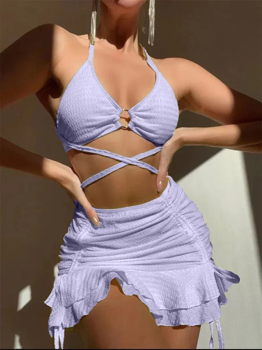 3PC Halter Ring Linked Criss Cross Swimsuit