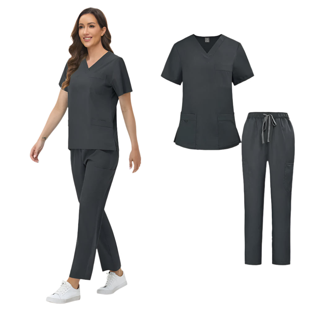 Unisex Medical Scrubs Set: Short Sleeve V-Neck Top & Pants Workwear