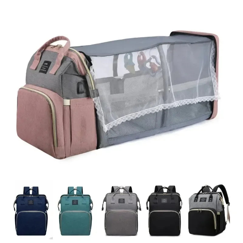 Folding Mommy Bag with Portable Crib – On-the-Go All-in-One Diaper Backpack