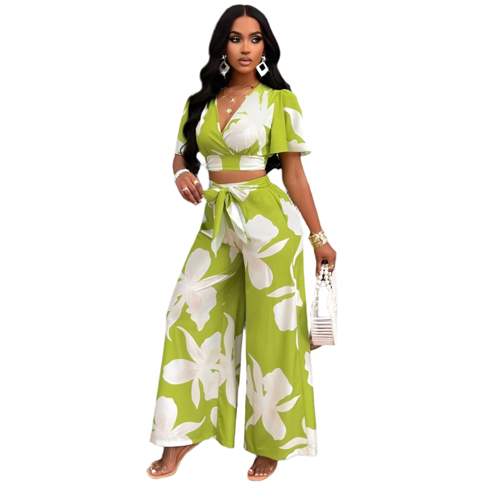 Women’s Elegant Two-Piece Pleated Butterfly Sleeve Top & Wide-Leg Lace-Up Pants