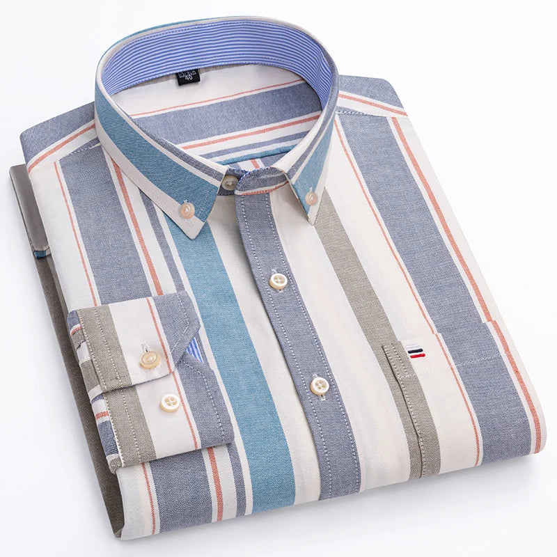 100% Cotton Oxford Men's Shirt - Plaid & Stripe Spring/Autumn Styles