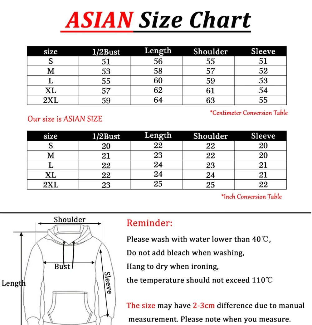 Asian size chart for clothing with measurements in centimeters and inches.