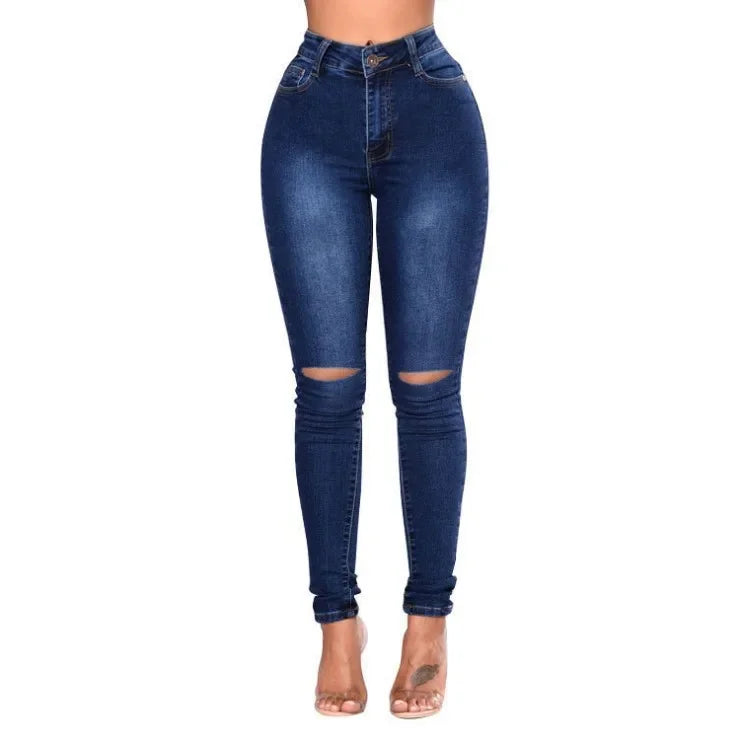 Women's High-Waist Ripped Skinny Jeans - Slim Fit Stretch Pencil Pants