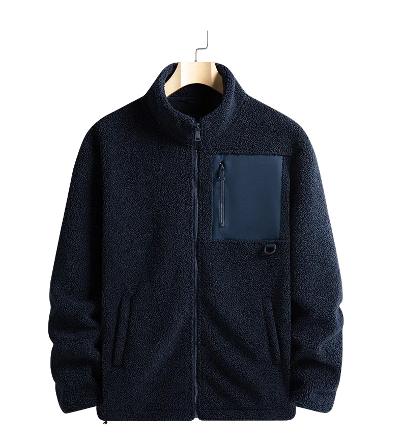 Navy fleece jacket with a pocket on a white background