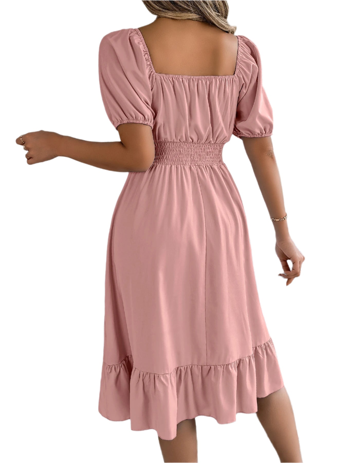 Elegant Square Neck Ruffled Dress – Spring Summer High Waist