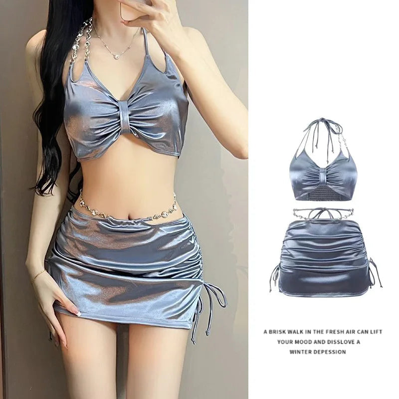 Women's Sexy Bikini: 3PC Silver Gray Sports Style Swimsuit