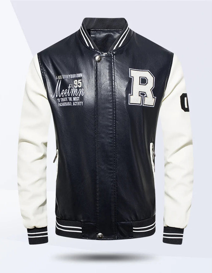 Men's Embroidered PU Leather Jacket: Fleece Lined Winter Coat