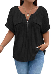 Women's Plus Size O-Ring Zip Front T-Shirt: Summer Rib Knit Top