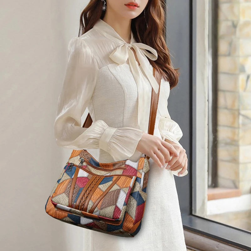 Women's Elegant Vintage Crossbody Bag: Trendy Patchwork Handbag