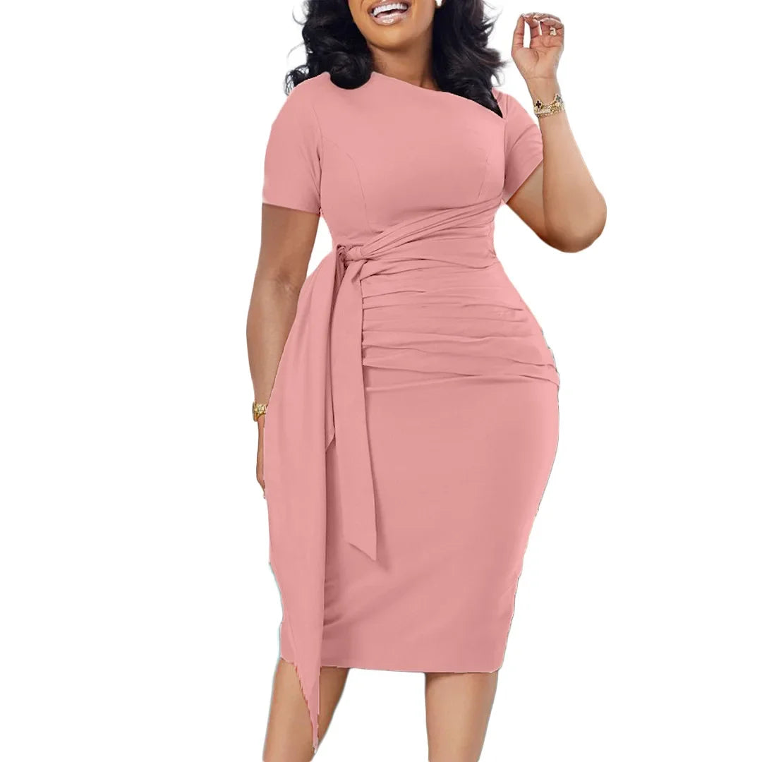 Elegant Pleated Summer Dress – Short Sleeve Band Collar Style