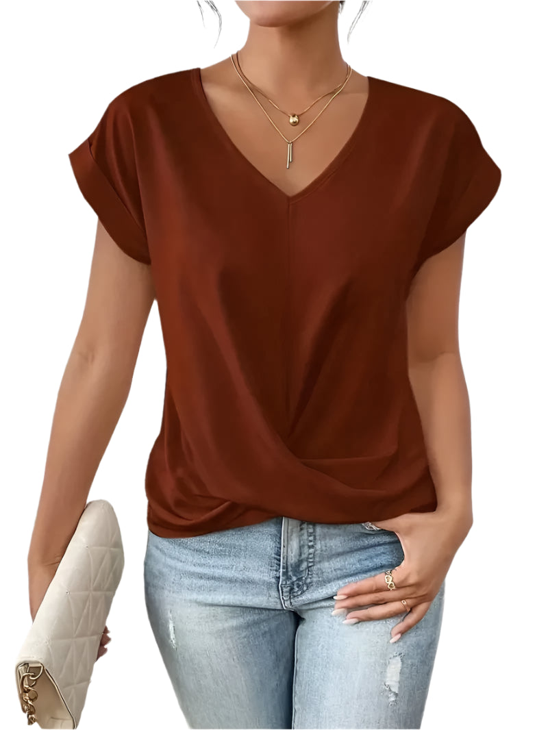 Fashion Pleated Hem V-Neck Tee – Women’s Summer Casual Office Top