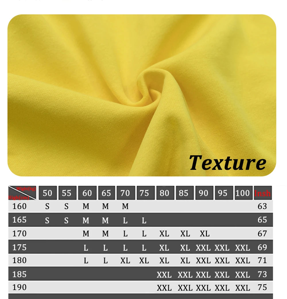 Close-up of yellow fabric texture with a size chart below.