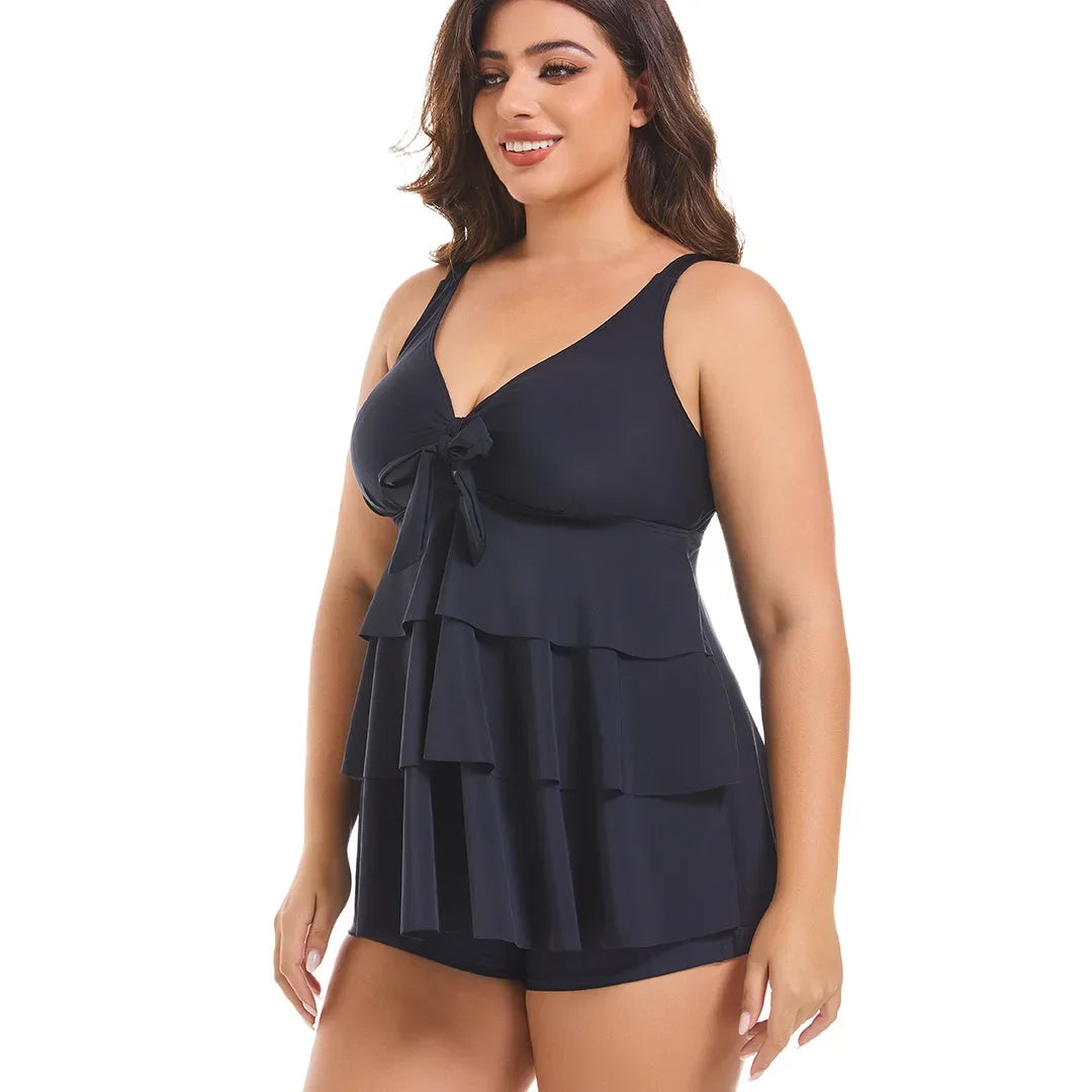 Plus Size Black Bikini Set - Conservative Skirt Style Swimsuit