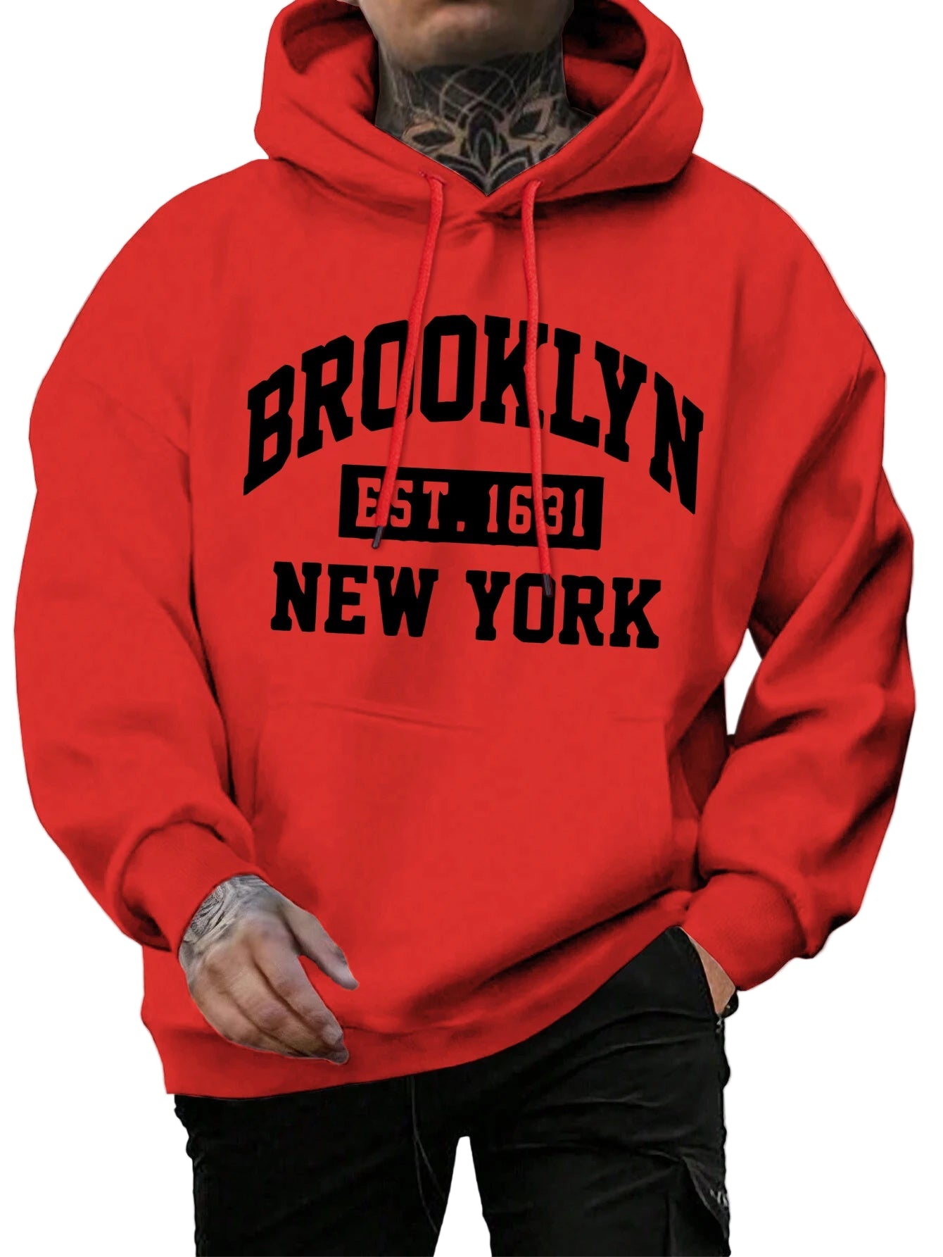 Red hoodie with 'Brooklyn Est. 1683 New York' text worn by a person on a street.