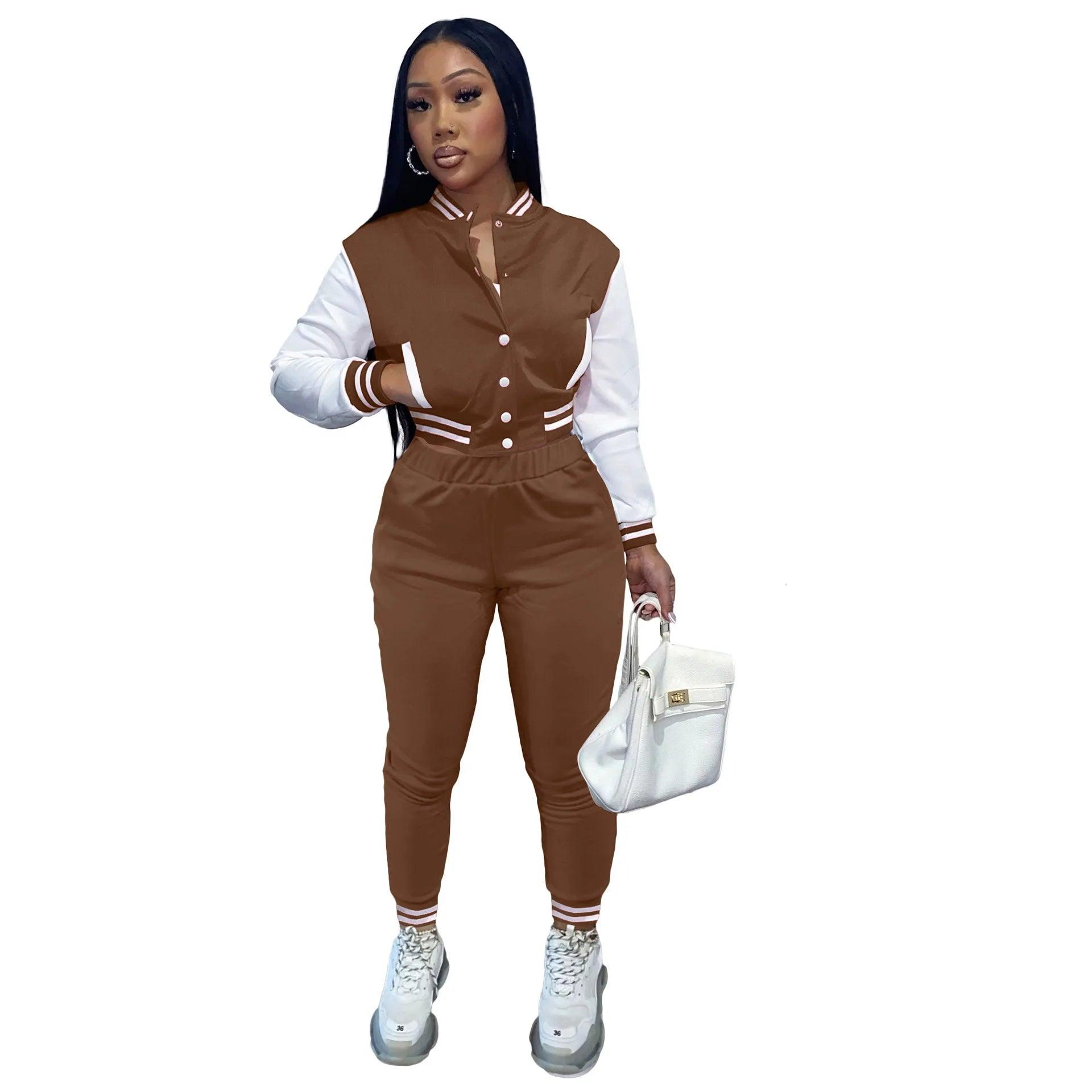 Autumn Two-Piece Women's Sports Suit - Baseball Jacket and Drawstring Pants - JVMCL