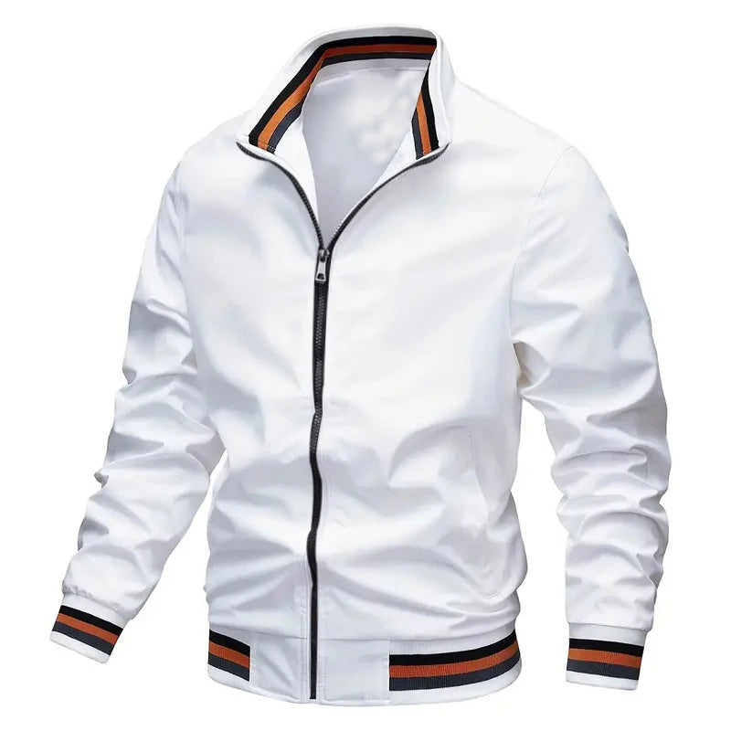 White jacket with orange and black accents on a white background