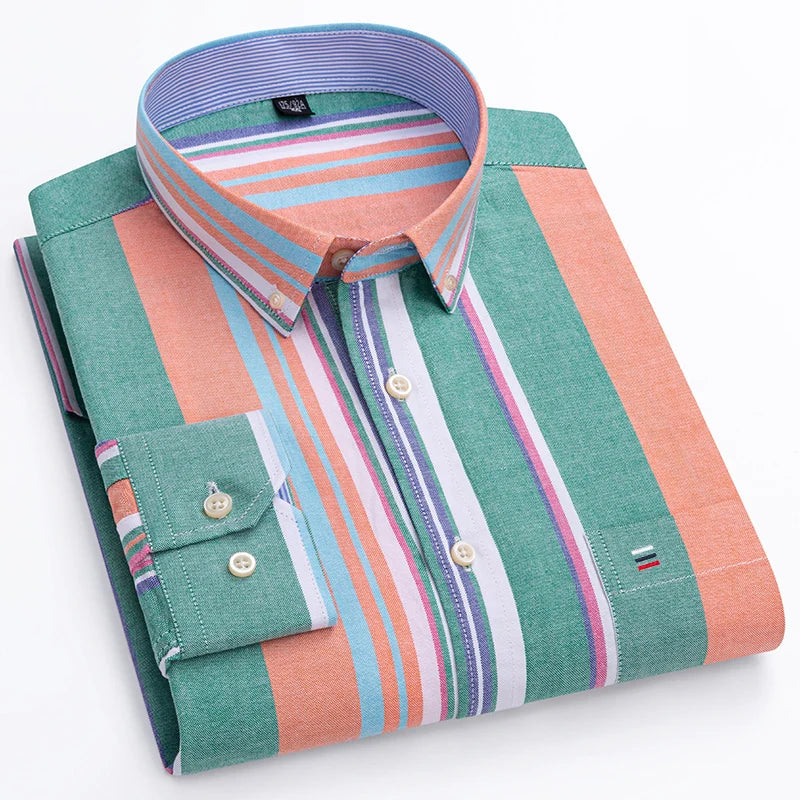100% Cotton Oxford Men's Shirt - Plaid & Stripe Spring/Autumn Styles