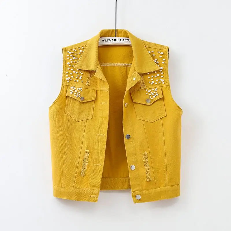 Colorful Beaded Denim Waistcoat – Women's Sleeveless Slim Fit Short Vest Jacket