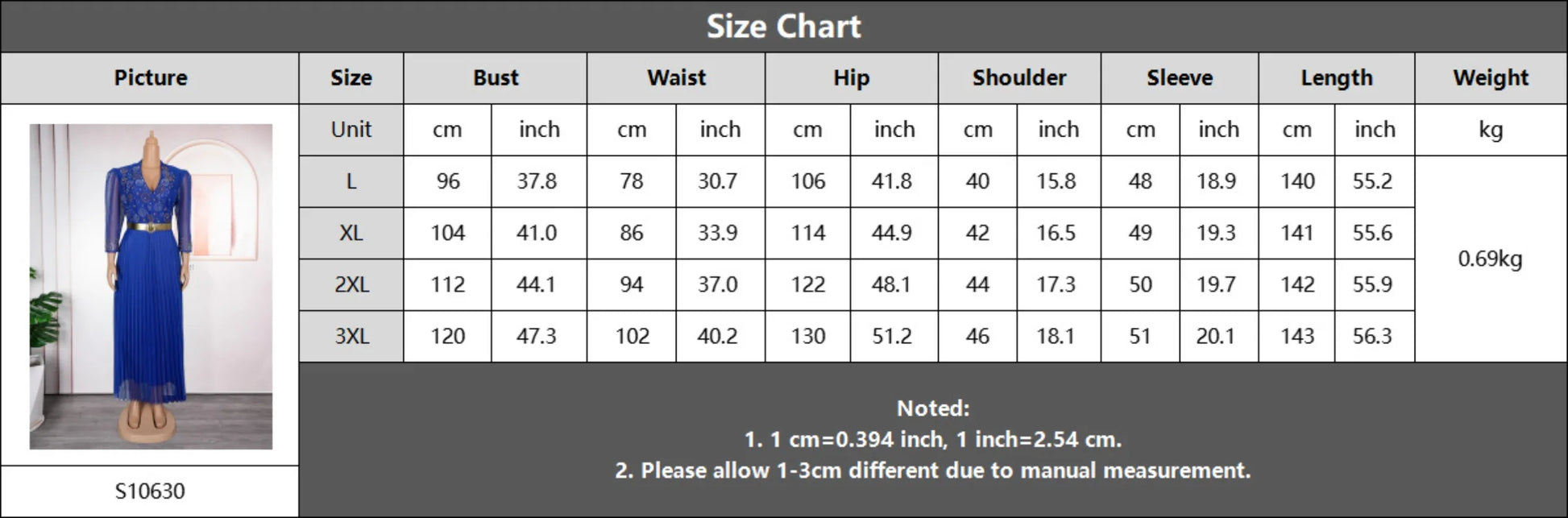Size chart for a blue dress with measurements in centimeters and inches.