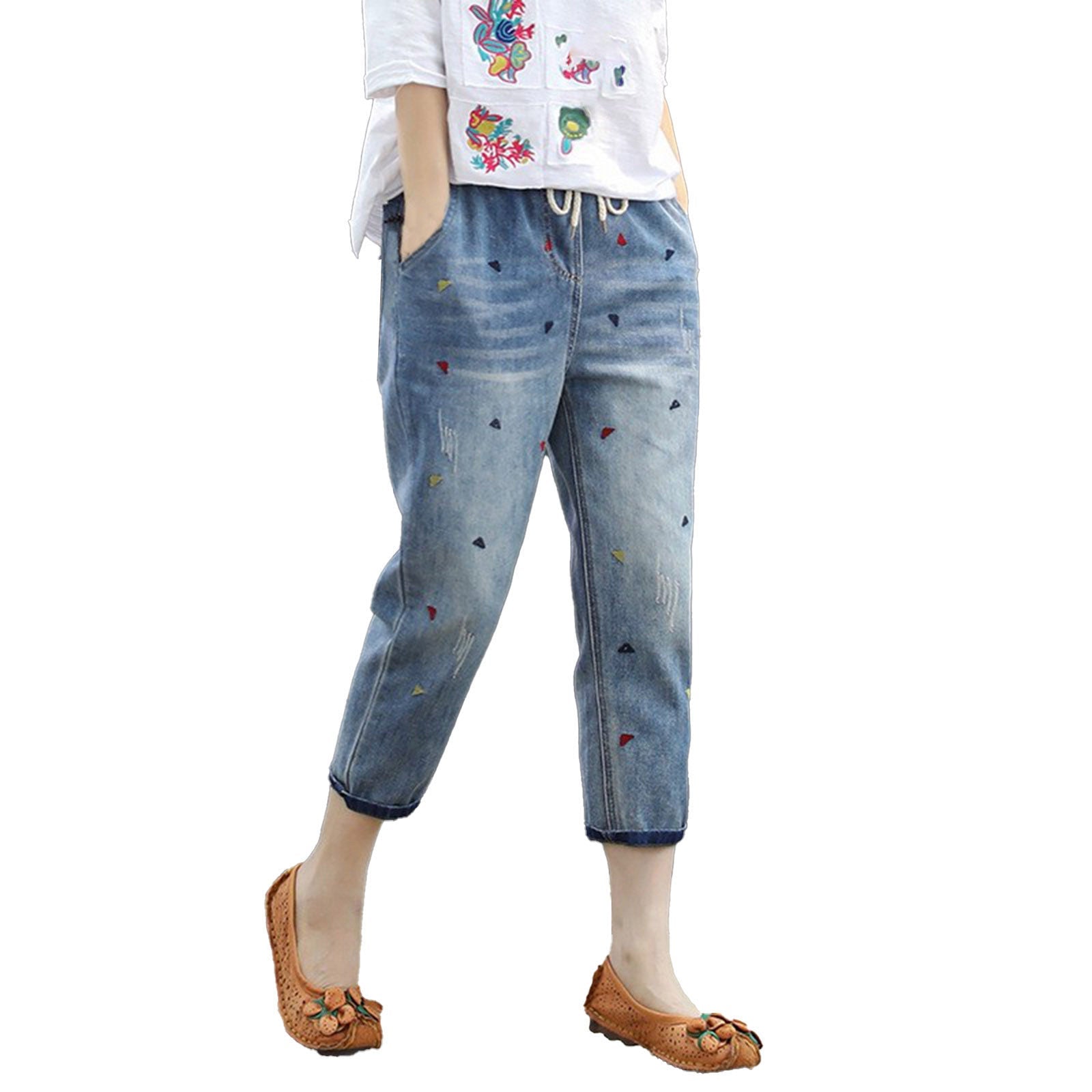 Women’s Elastic Waist Embroidered Denim Harem Pants – Casual Comfort Jeans