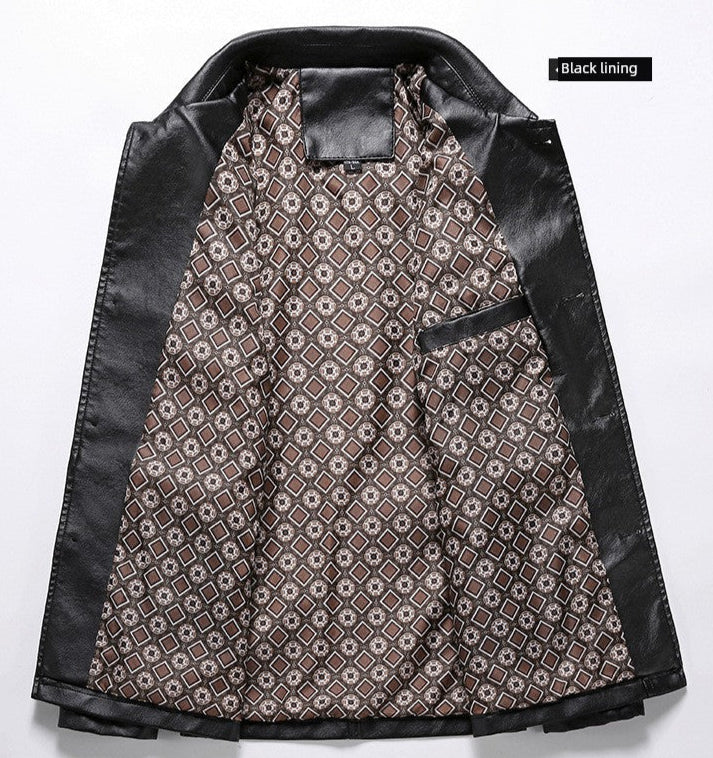 Korean Fashion Men's Warm Lapel Leather Jacket - Solid Color