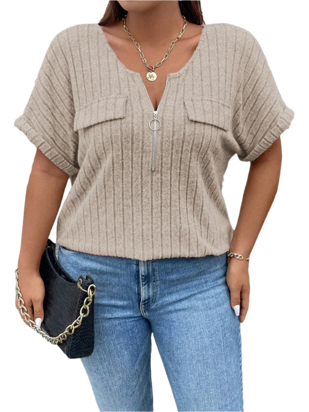 Women's Plus Size O-Ring Zip Front T-Shirt: Summer Rib Knit Top