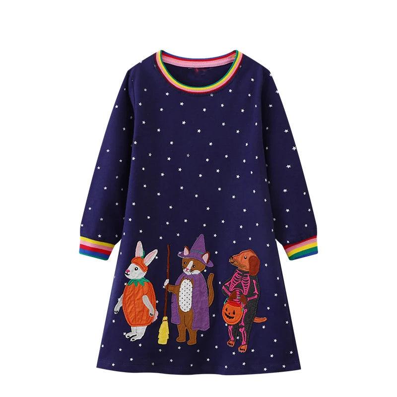 Little Maven Embroidered Cartoon Animal Dress – Cozy Cotton Outfit for Girls - JVMCL