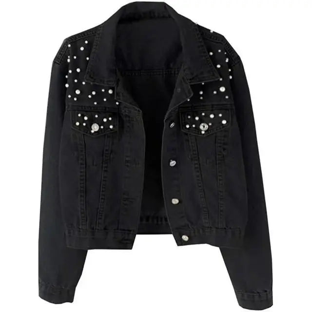 Beaded Washed Women's Turn-Down Collar Long-sleeved Lapel Denim Jacket