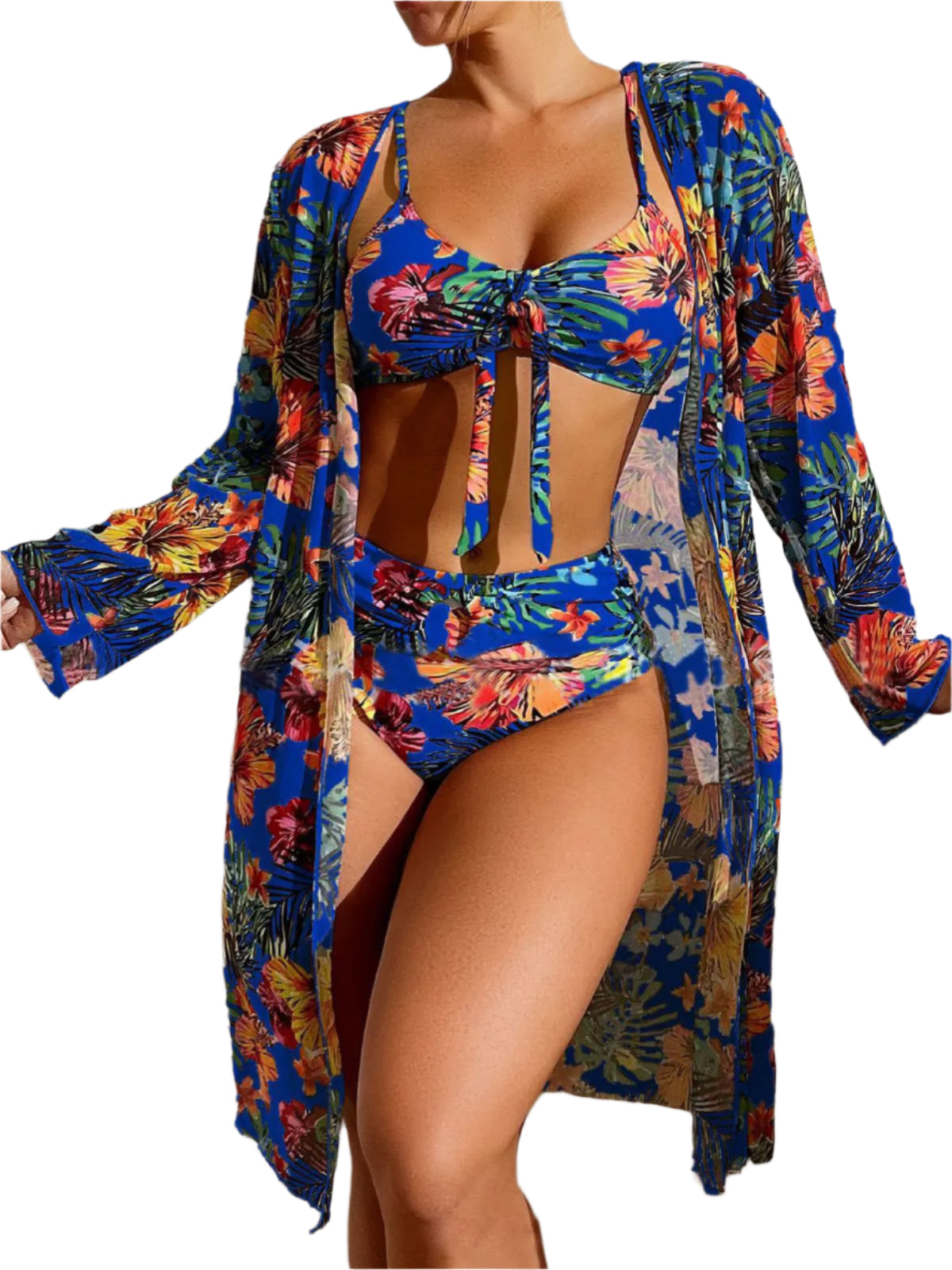 Women's 3PC Floral Swimsuit - LS Blouse, Wireless Bra & High Waist