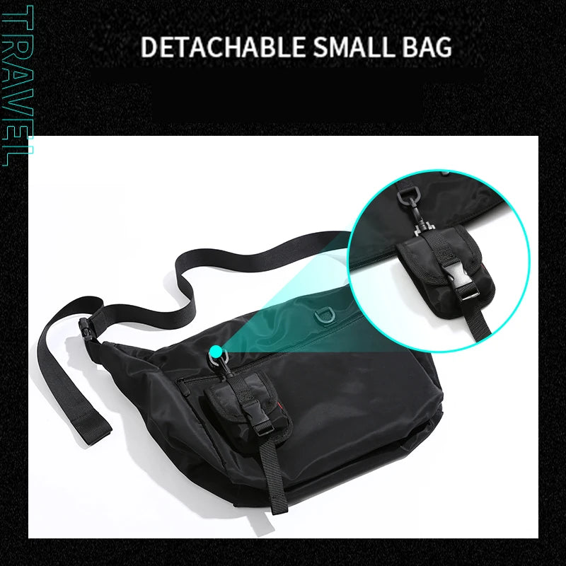 Black detachable small bag with travel theme on a white background