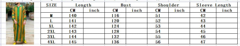 Size chart for a garment with measurements in centimeters and inches.