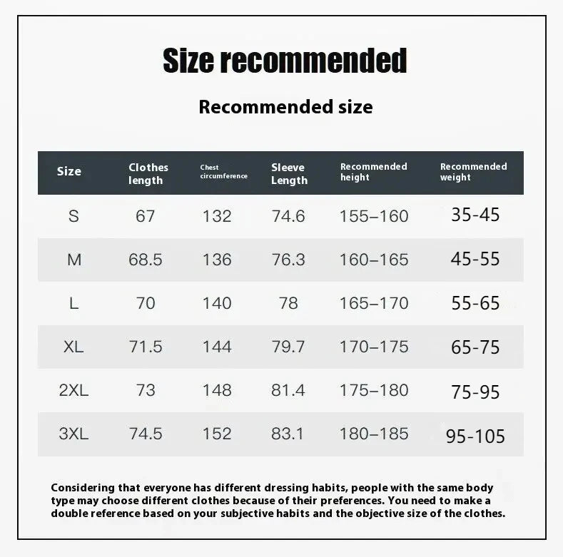 Size chart for clothing with recommended dimensions and weights.