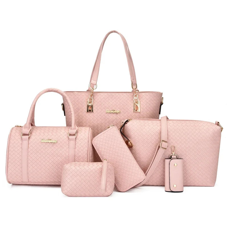 Libarrecy Fashion 6PC Handbag Set - Braid Shoulder Crossbody Tote