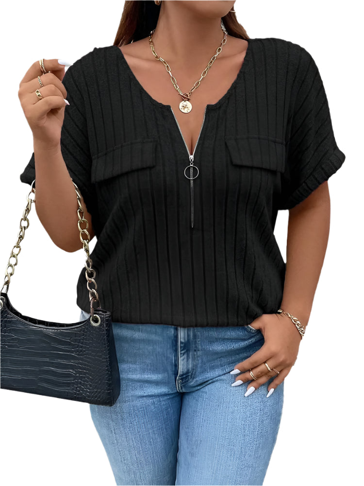 Women's Plus Size O-Ring Zip Front T-Shirt: Summer Rib Knit Top