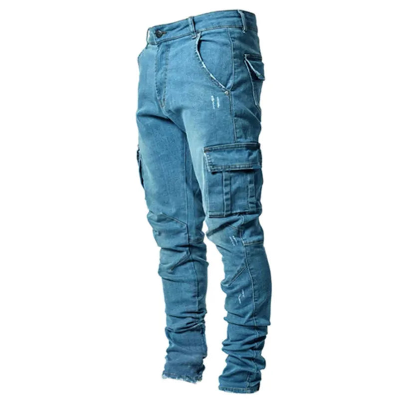 Men’s Cargo Jeans – Mid Waist Multi-Pocket Casual Denim Pants