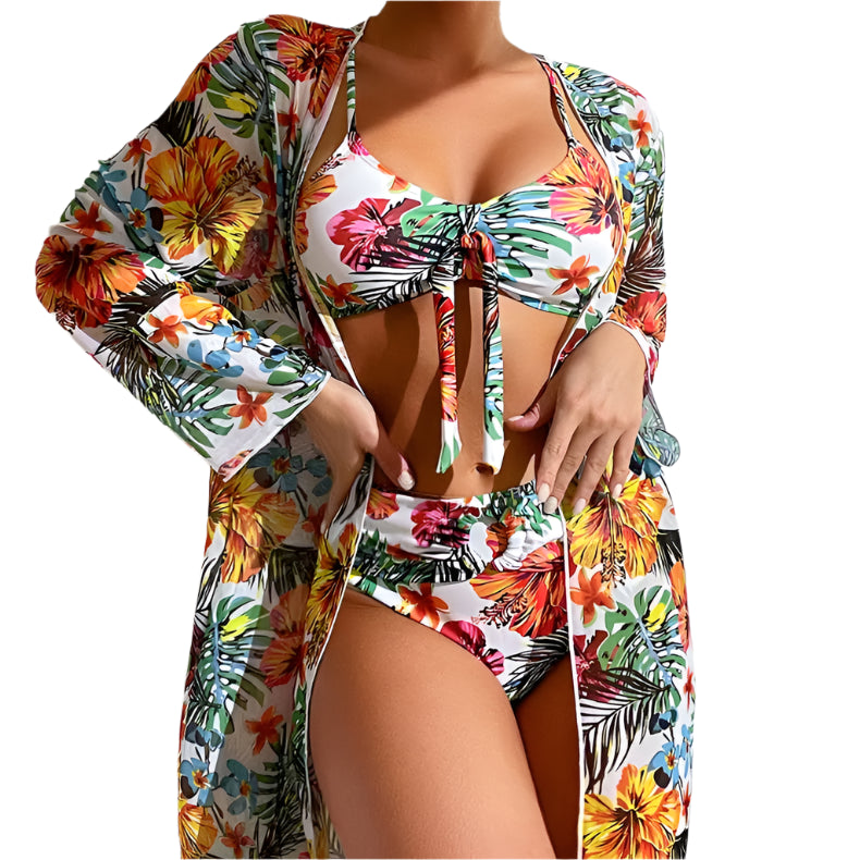 Women's 3PC Floral Swimsuit - LS Blouse, Wireless Bra & High Waist