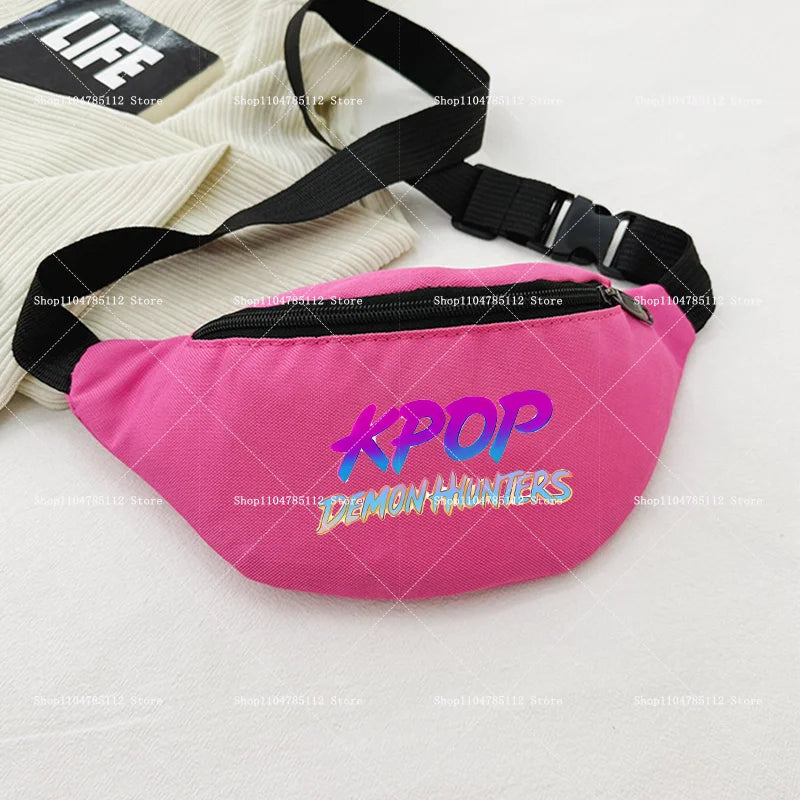 Pink waist bag with 'KPOP' and 'DEMON MASTERS' text on a light gray background